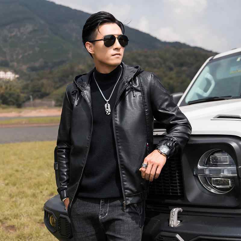 ジャケット メンズ 男性用 PUレザー 春秋 ブルゾン ジャンパー アウター 軽 утепленный 裏起毛 フード付き 立ち襟 カジュアル スタイリッシュ 無地 黒 茶色 グレー