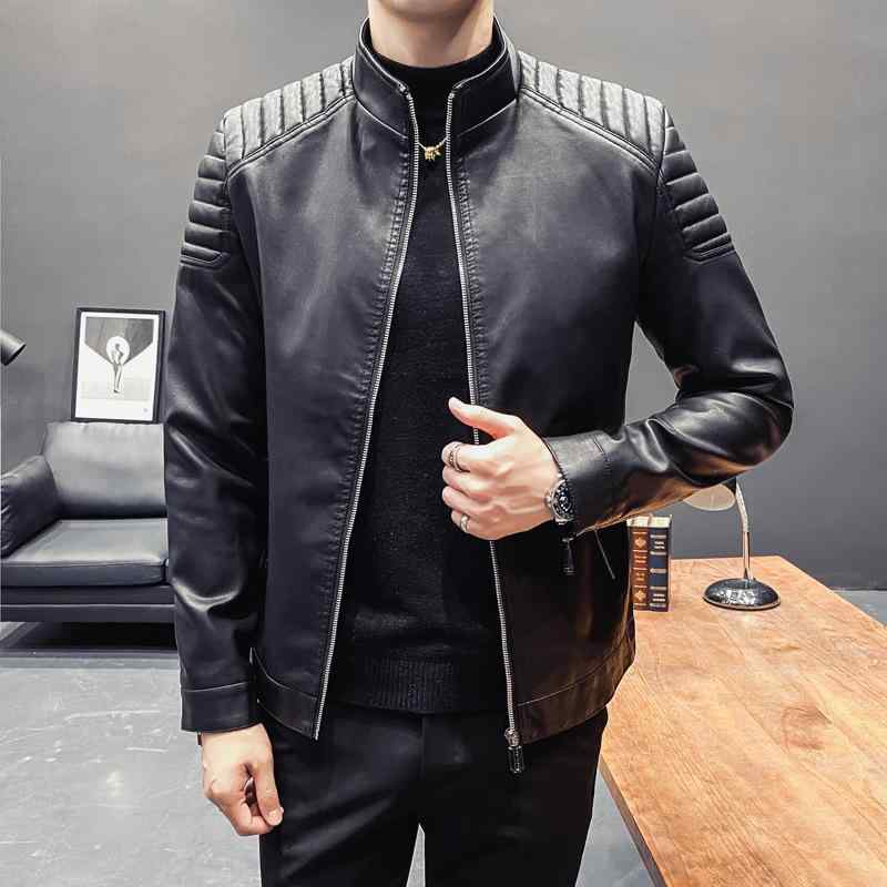 乐天商城 - ジャケット 男性用 PUレザー 秋物 ライダースジャケット ブルゾン スタンドカラー スリムフィット 無地 カジュアル スタイリッシュ ブラック 黒 ダークブルー 紺色