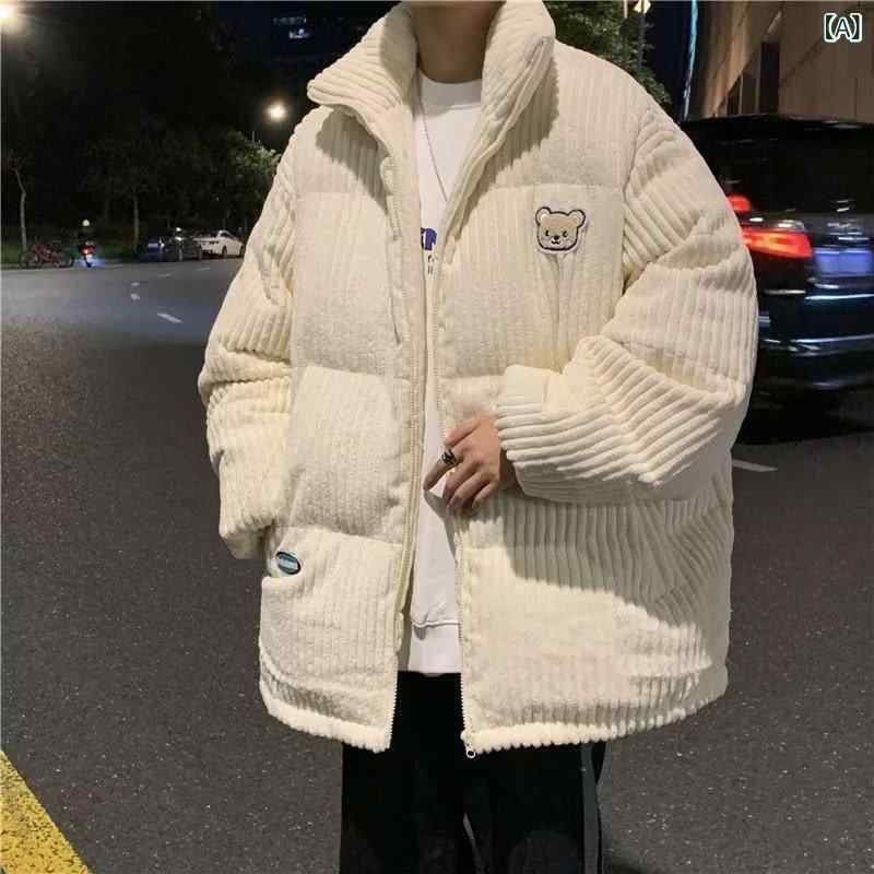 コート メンズ 男性用 ランバージャック風 コーデュロイ 裏ボア 刺繡 くま アップリケ ゆったり ブラック 黒 アプリコット 杏色 秋冬