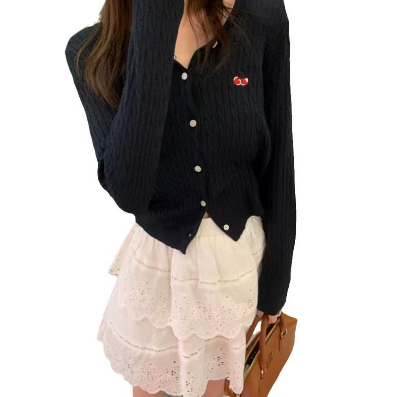 カーディガン レディース 韓国風 さくらんぼ 刺繍 ラウンドネック 春秋 薄手 ニット アウター トップス 白 グレー 黒 通勤着