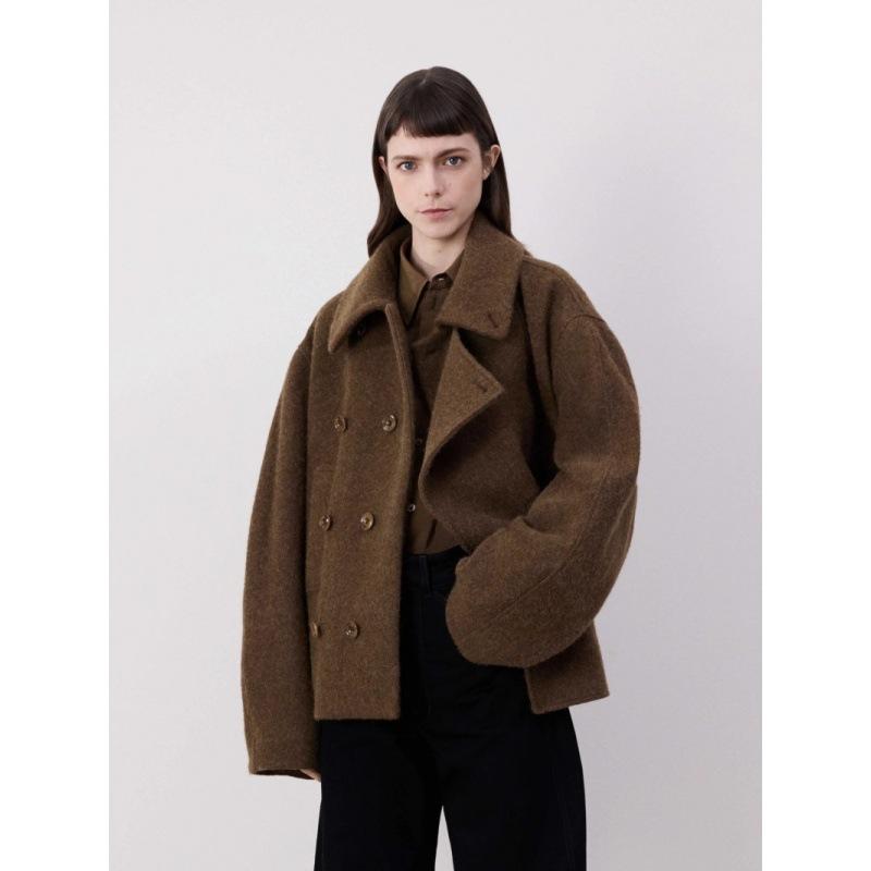 コート レディース 秋冬 ダブルブレスト ウール ゆったり ショート丈 アウター 通勤 ブラック ブラウン系