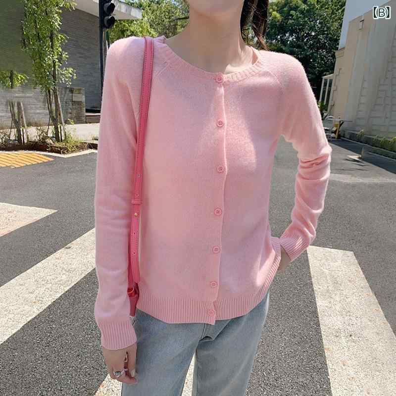 カーディガン レディース ニット トップス 丸首 長袖 無地 ショート丈 ドロップショルダー ゆったりサ..