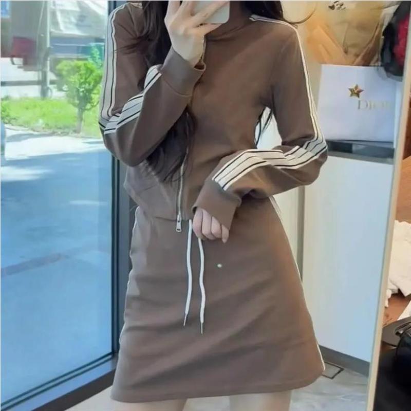 セットアップ レディース ストライプ ジャケット スカート 上下 2点 セット 膝上 ショート 丈 ポリエステル 長袖 日韓 スタイル カジュアル ブラック カーキ色