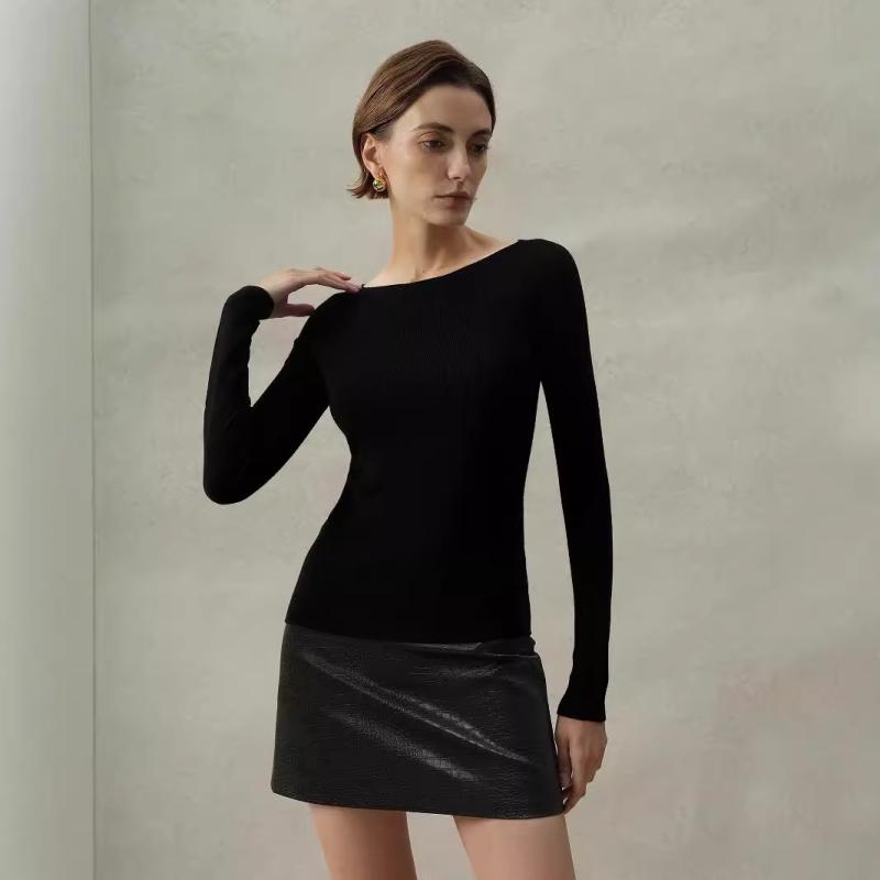 ニット レディース 一文字襟 肩出し 洗える ウール トップス 長袖 プルオーバー 羊毛 無地 薄手 チュニック丈 M L XL パールホワイト ブラック ブラウン パープル