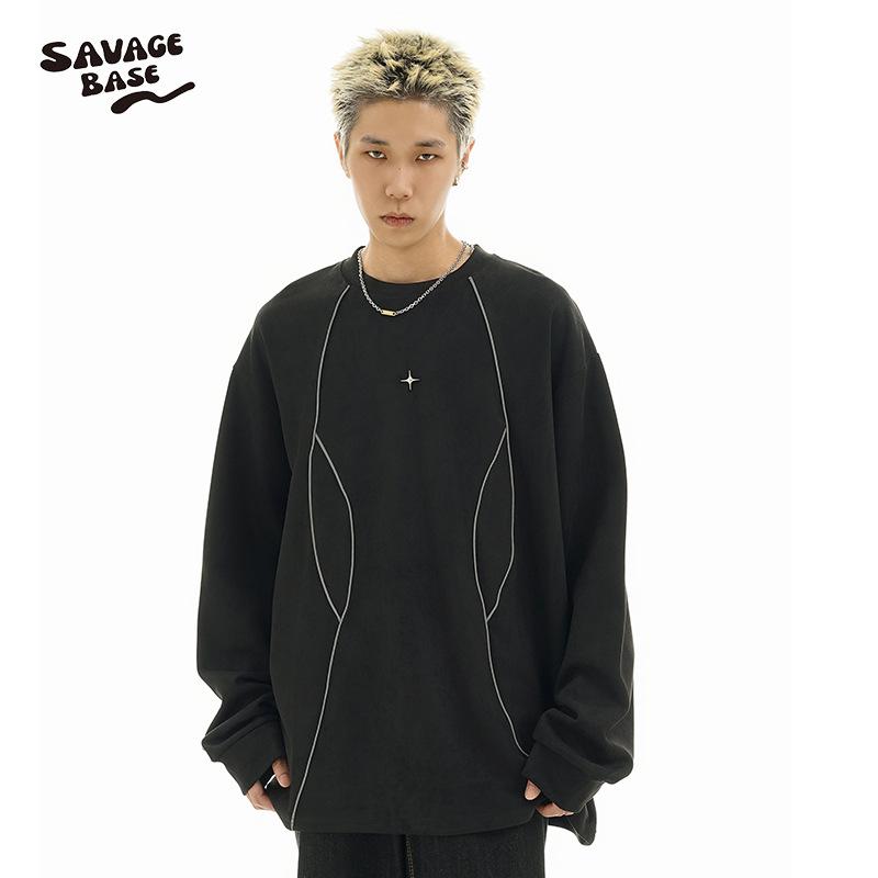 スウェット メンズ 秋冬 長袖 トレーナー ゆったり リフレクター 普段使い 部屋着 ベルベット風 ブラック グレー ベージュ(4)