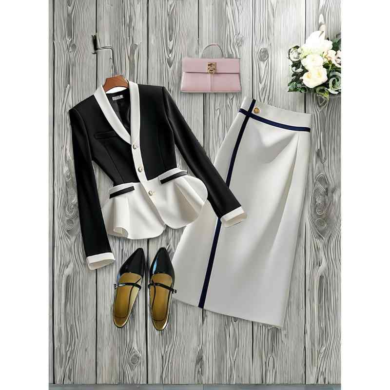 セットアップ レディース スーツ ジャケット スカート ひざ丈 ミモレ丈 ポリエステル 無地 長袖 プリーツ 白 黒 韓国風 きれいめ トレンド 上下セット
