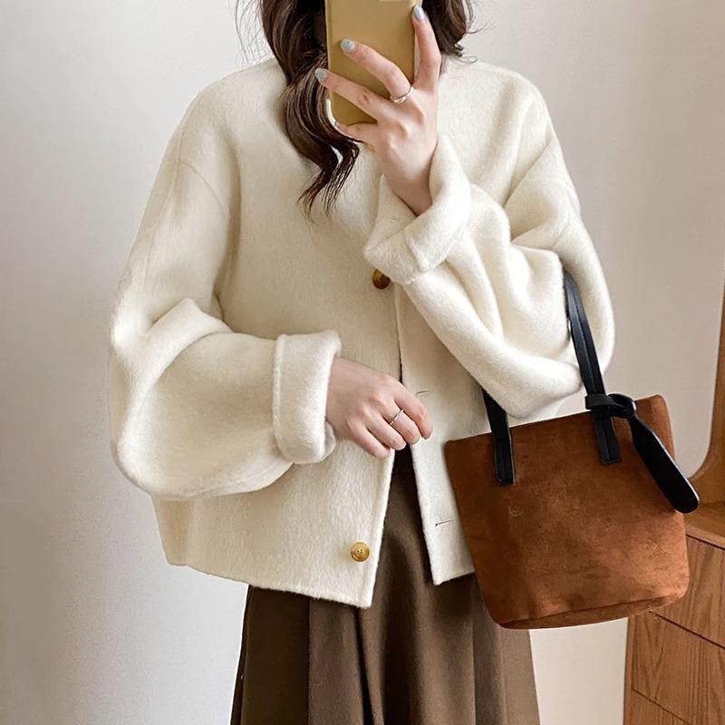 Other - コート レディース ウール ショート丈 オーバーサイズ 長袖 丸首 無地 厚手 暖かい 秋冬 黒 金 グレー 白