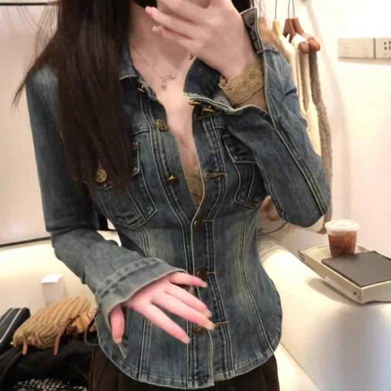 Unisex Casual Wear - シャツ レディース デニム ブルー ポロネック 秋冬 高級感 ストレッチ 伸縮性 ウエストシェイプ スリム 長袖 トップス