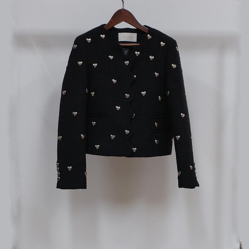 ジャケット レディース ウール ツイード ノーカラー ショート丈 トップス ハート柄 秋冬 厚手 ポリエステル 裏地付き S M Lサイズ展開