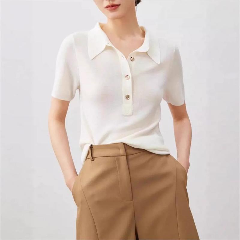 Tシャツ レディース 100%ウール POLO襟 ニット 半袖 トップス カットソー インナー スリム 通勤 ブラック ホワイト グレー レッド サマーニット