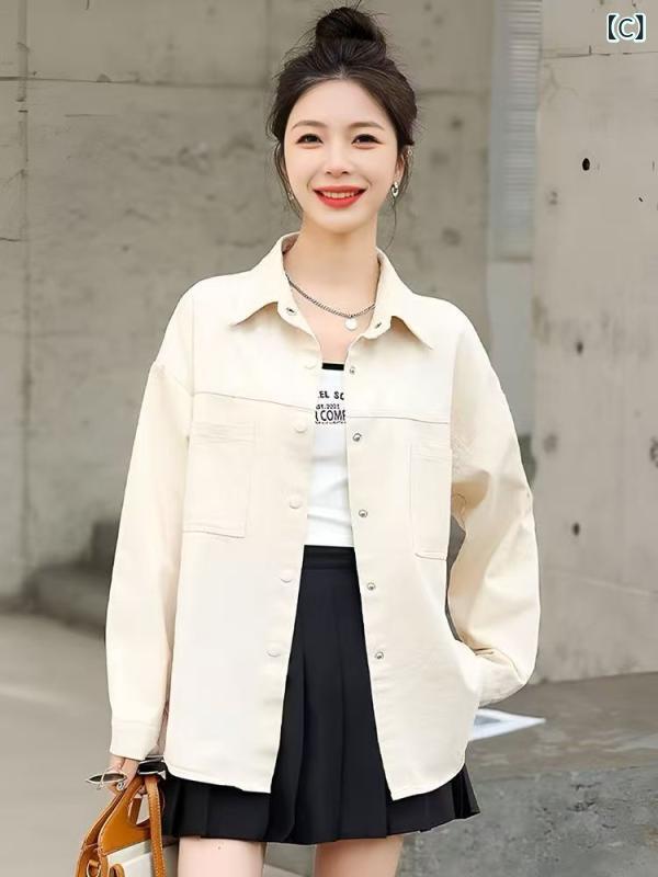 シャツ レディース 韓国風 デニム 襟付き 長袖 トップス ゆったり かわいい コットン チュニック丈 ブラウス ピンク系 ブルー 杏色