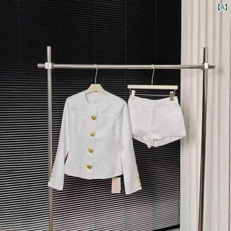 パンツスーツ レディース 小香風 ジャケット ショートパンツ セットアップ ポリエステル 無地 ボタン付き 長袖 18-29歳向け 私服名媛風