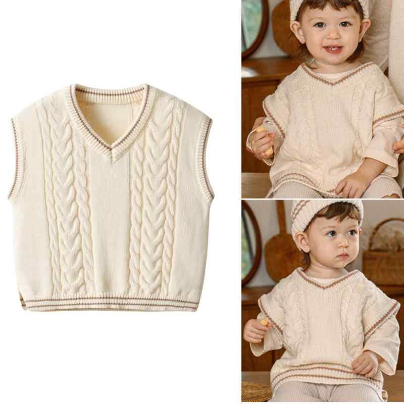 乐天商城 - 子供服 ニットベスト 春秋 Vネック ケーブル編み コットン 100% ベビー 幼児 80cm 90cm 100cm 110cm 120cm 普段着 かわいい ナチュラル 無地 浅黄色