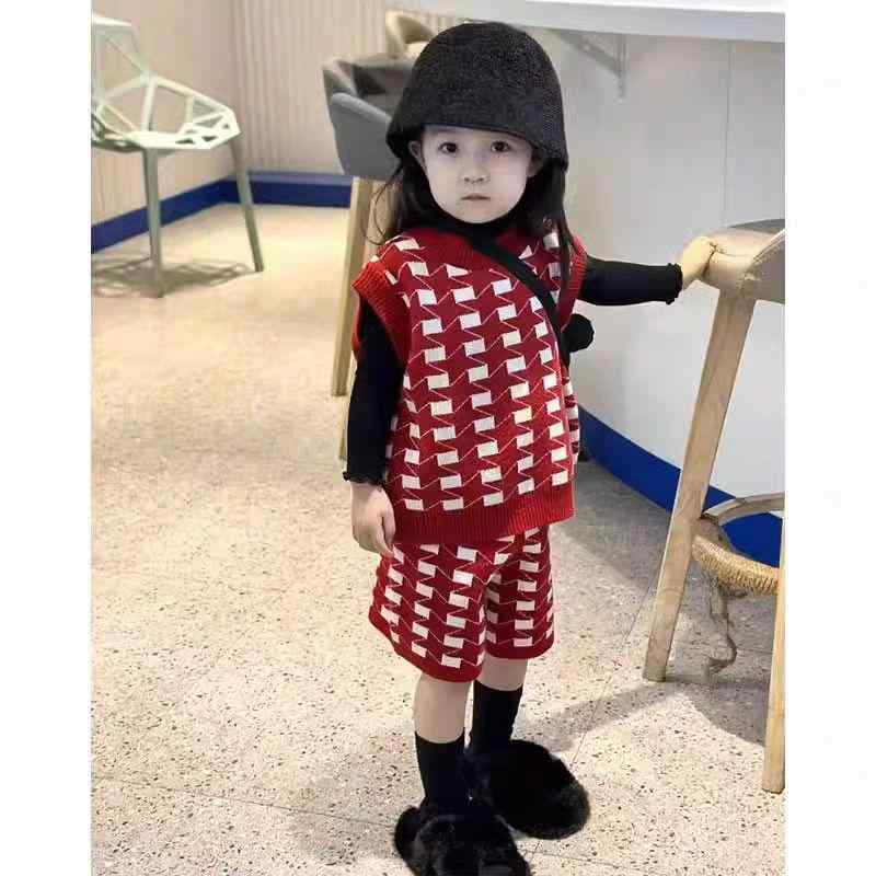 子供服 ニット 子供 格子柄 セーター 上下セット 春夏 赤 ショートパンツ かわいい ベビー服 男の子 女..