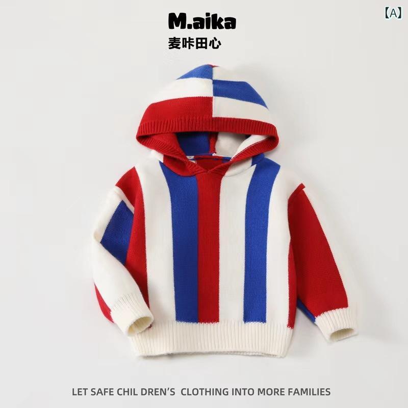 ニット 子供服 男女兼用 ストライプ柄 トップス 秋 冬 長袖 セーター ニット帽付き 80cm 90cm 100cm 110cm 120cm 130cm 140cm 150cm レッド