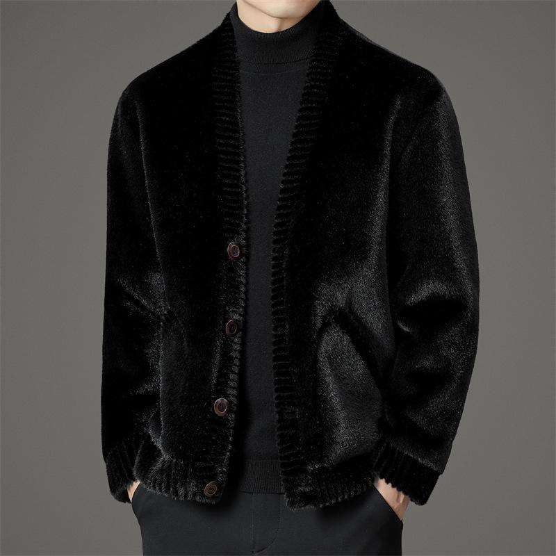 コート メンズ 男性用 ミンクファー ウール Vネック シングルブレスト 無地 ゆったり 厚手 秋冬 ブラック グレー ブラウン