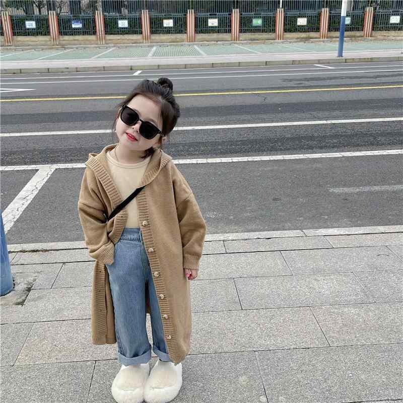 子供服 ニットカーディガン 女の子 長袖 ロング丈 ニットアウター フード付き 針織り 無地 春秋 カジュアル 90 100 110 120 130 140cm
