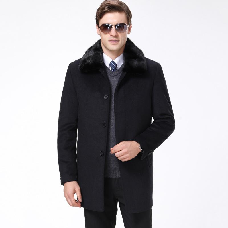 コート メンズ 男性用 ウール メルトン テーラード ロング丈 取り外し可能 黄金ミンク ファーライナー 本毛皮 襟 アウター 冬 黒 紺