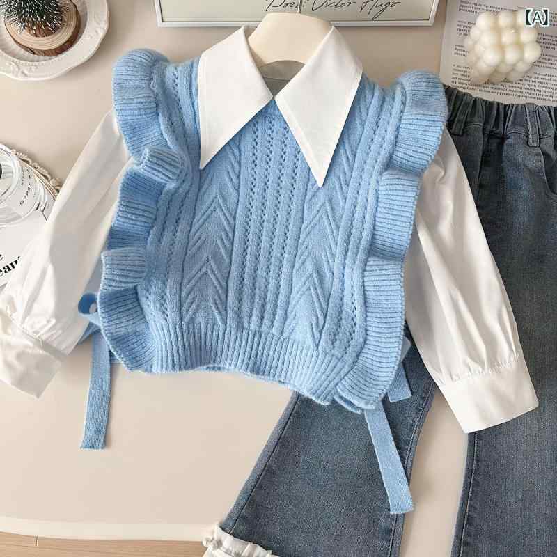 子供服 女の子 秋物 ニットベスト シャツ デニムパンツ 3点セット 90 100 110 120 ...