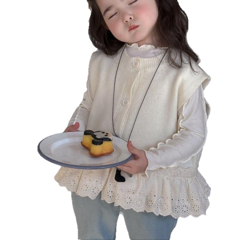 子供服 パンツセット 春秋 女の子 ニットベスト レース フリル トップス 刺繍 デニムパンツ 韓国風 90 ..