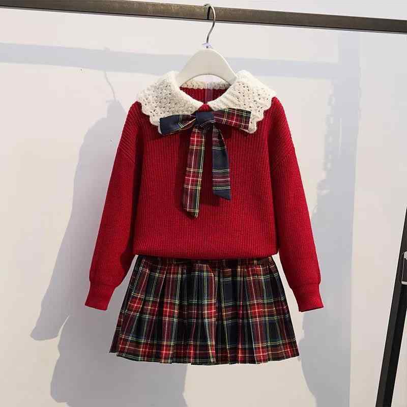 ニット キッズ 女の子 セーター & プリーツスカート セットアップ 子供服 秋冬 かわいい ガーリー 学院風 長袖 普段着 トップス ボトムス レッド