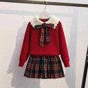 ニット キッズ 女の子 セーター & プリーツスカート セットアップ 子供服 秋冬 かわいい ガーリー 学院風 長袖 普段着 トップス ボトムス レッド