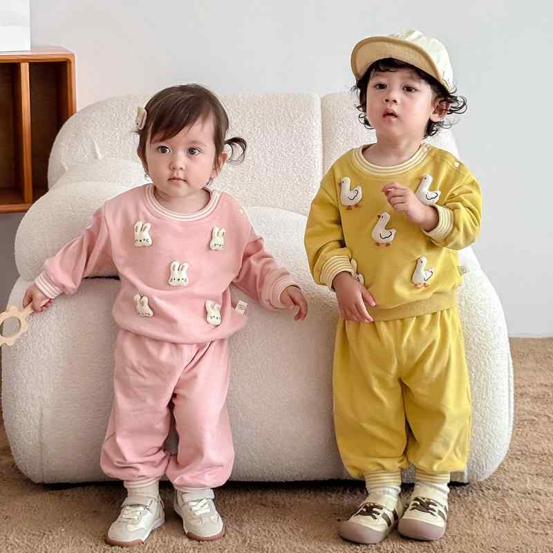 子供服 上下セット 春秋 女児 小兔 トレーナー 男児 小鴨 ズボン 2点セット パジャマ 部屋着