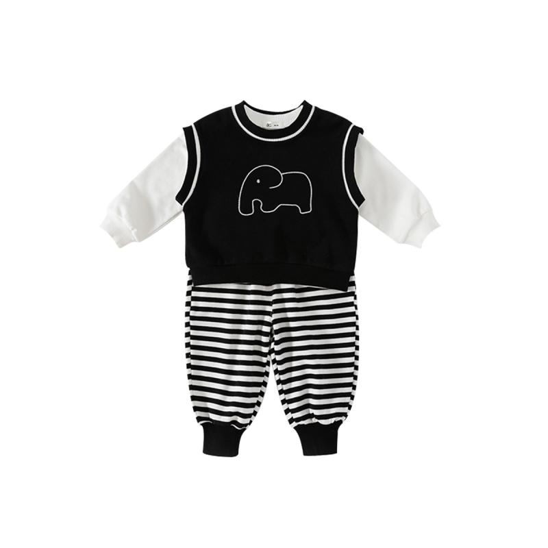 キッズ 上下セット 3点セット 春秋 男の子 女の子 アニマル柄 象 ストライプ ベスト付き カジュアル 普段着 かわいい 綿70% ブラック ホワイト系 80 90 100 110 120 130 140