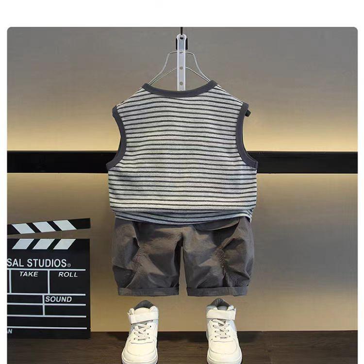 子供用タンクトップ 7分丈パンツ 上下セット ベビー 男の子 夏服 綿95％ ストライプ柄 80cm 90cm 100cm 110cm 120cm