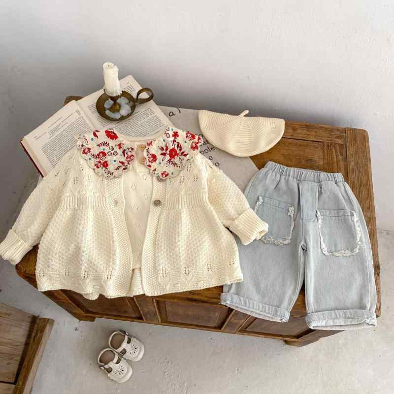 ニット キッズ ベビー服 カーディガン Aライン 長袖 コットン100％ 丸首 杏白色 春秋 百搭 普段使い かわいい 女の子