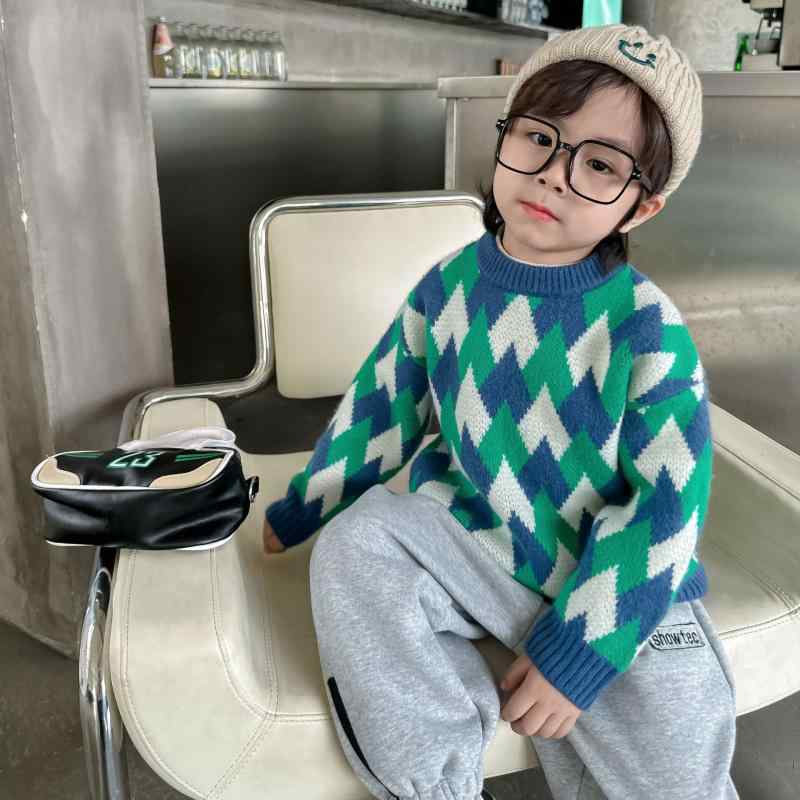 ニット・セーター キッズ 男女兼用 子供服 韓国風 アーガイル柄 長袖 プルオーバー トップス 秋冬 カジュアル 普段着 遊び着 ブルー グリーン ホワイト