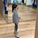 子供服 ニット トップス + ボーダー柄 インナー + 切り替え レギンスパンツ セットアップ 春秋 普段着 グレー系