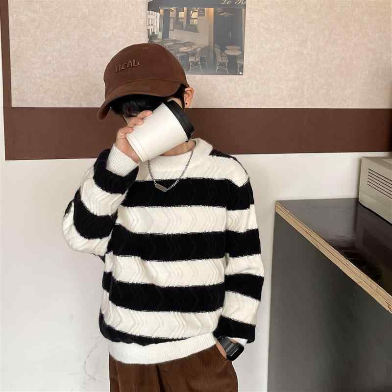 ニット キッズ 男の子 秋冬 ボーダー柄 セーター 子供 冬 トップス 防寒 暖かい 黒 白 ブラック ブルー クルーネック カットソー 通学 普段着