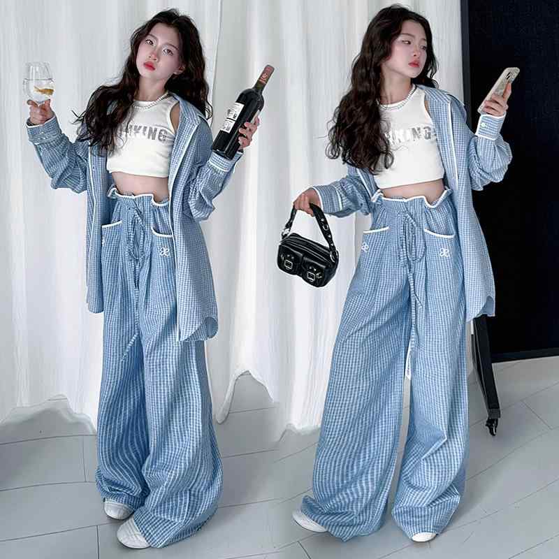 Overalls - 子供服 女の子 ストライプ シャツ パンツ 2点セット 春秋 長袖 コットン混紡 カジュアル ゆったり 普段着 トップス ボトムス