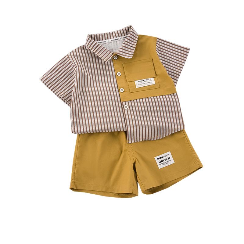 子供用シャツセット 短パン付き 男の子 半袖 薄手 夏服 上下セット 80cm 90cm 100cm 110cm 120cm 130cm かわいい 韓国風 コットン 幼児 おしゃれ着 オリーブ色 オレンジ色