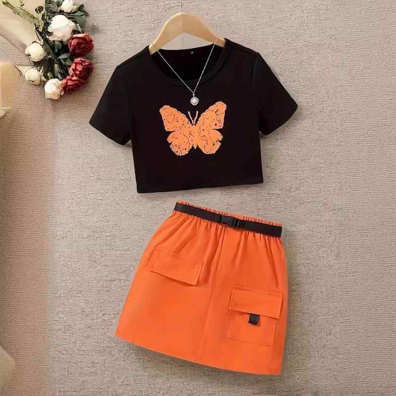 子供用セットアップ ガールズ 上下セット プリントトップス ワークスカート ウエストベルト付き オレン..