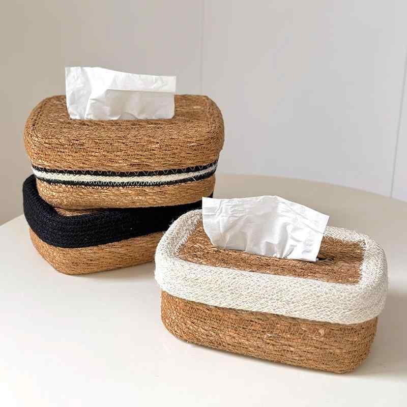 ティッシュボックス 海草編み ペーパータオルケース 卓上収納 田園風 草編み 柳編み