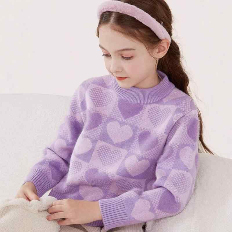 子供服 セーター 女の子 ニット トップス 長袖 秋冬 プルオーバー 中厚手 丸首 かわいい おしゃれ 普段着 通学着 レッド ピンク系 パープル系