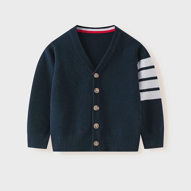 子供用カーディガン 薄手ニット 綿100% Vネック 長袖 男女兼用 無地 普段使い 3歳 90cm グレー 紺色