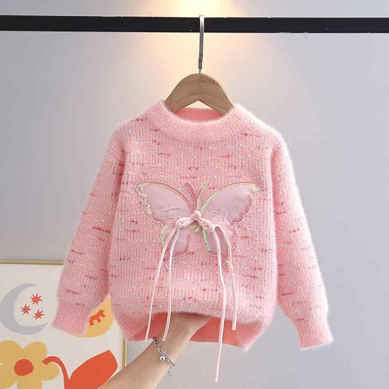 子供用ニット 子供用セーター 秋冬物 厚手 ニットトップス インナー ラウンドネック 長袖 蝶結び ミルキーホワイト ピンク系 ガールズ 110cm 120cm 130cm 140cm 150cm かわいい 普段着