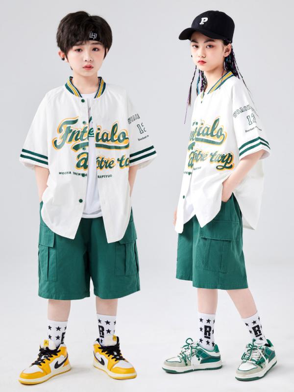 ダンス衣装 キッズ 男女兼用 ヒップホップ 半袖ベースボールジャケット ショートパンツ セットアップ 子供 舞台演出服 ジュニア ストリート 綿 春夏