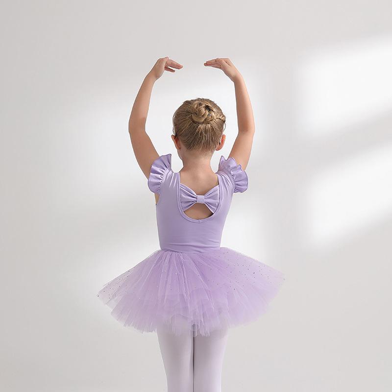 ダンス衣装 キッズ 女の子 バレエ レオタード セットアップ 紫 パープル チュールスカート 中国舞 練習着 綿 無袖 110cm 120cm 130cm 140cm 150cm 160cm