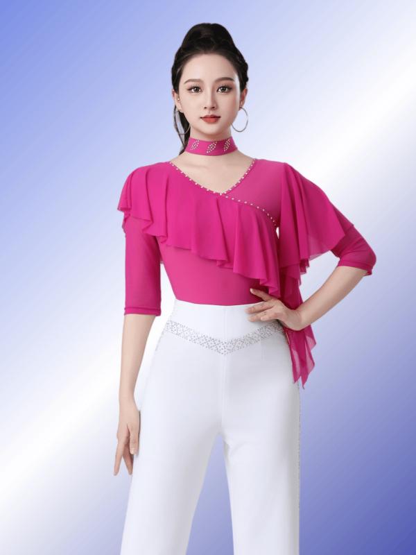 ダンス衣装 レディース 七分袖 Vネック トップス ラテンダンス 社交ダンス 練習着 舞台衣装 ステージ衣装 ポリエステル ホワイト ブラック レッド ピンク系