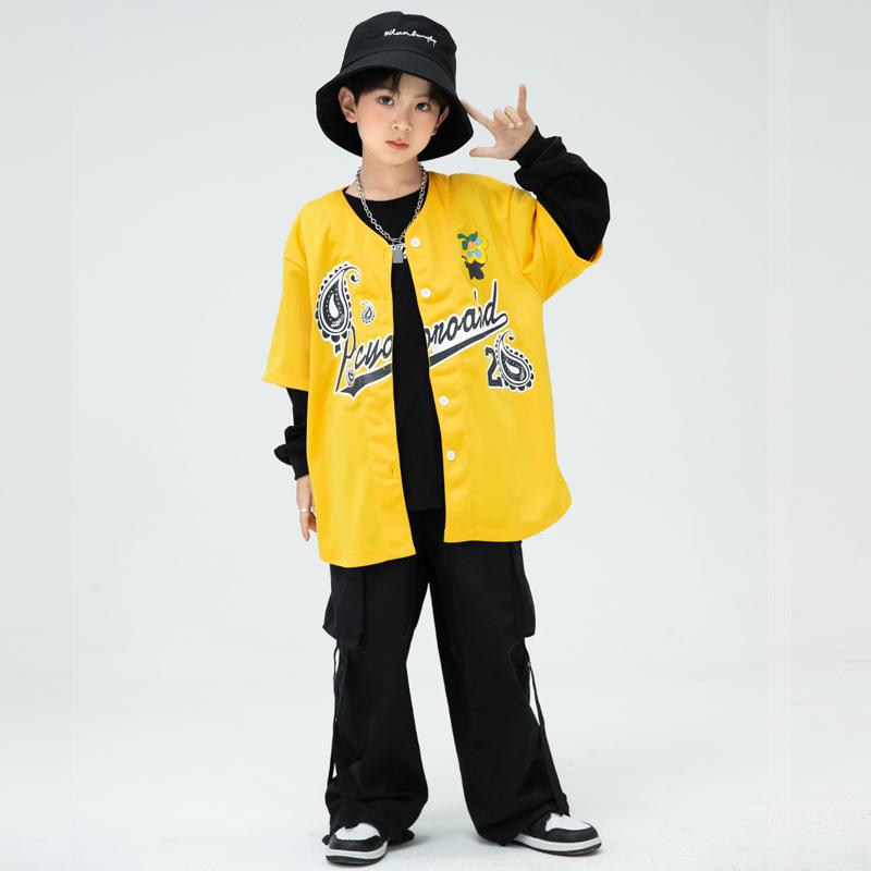 ダンス衣装 キッズ 男の子 女の子 ヒップホップ 子供 イエロー系 野球 服 セットアップ 長袖 パンツ ス..