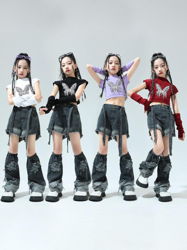 ダンス衣装 キッズ 女の子 ジャズダンス ヒップホップ 上下セット 子供 発表会 イベント 舞台用 デニム パンツ トップス 袖カバー付き 綿 潮 110cm 120cm 130cm 140cm 150cm 160cm 170cm 180cm