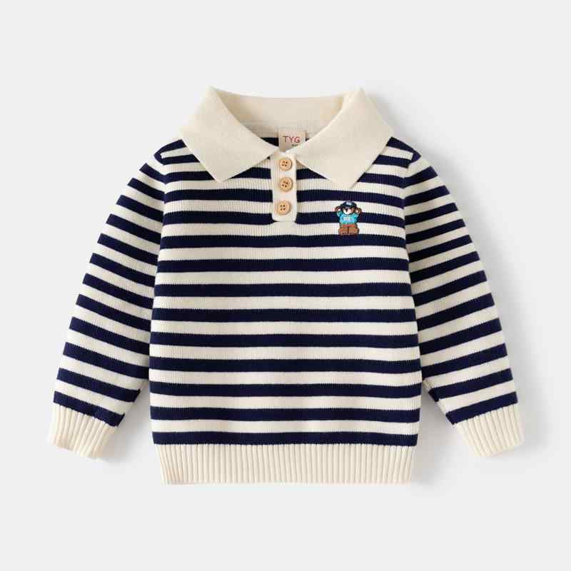 ・対象: 男の子・スタイル: 韓国風・対象年齢: 中小の子供(3~8歳, 100~140cm)・シーズン: 冬、秋・糸の太さ: 太い糸・厚さ: 厚手・袖丈: 長袖・留め具の種類: プルオーバー・柄: ストライプ・要素: ストライプ・検査基準: 2.5・ゲージ: 12~14針/3cm・生地名: 包芯纱・主生地の組成: ポリエステル繊維（ポリエステル）49%・安全性レベル: B類・襟の形: 襟付き・フード: フードなし・色: 杏色・対応身長: 90cm, 100cm, 110cm, 120cm, 130cm・前立て: シングルブレスト・製品カテゴリ: 子供用セーター