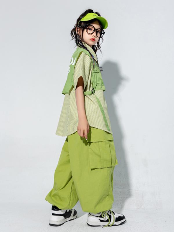 ダンス衣装 キッズ 男女兼用 ヒップホップ ジャズダンス 子供 練習着 舞台演出服 ポリエステル 緑 グリーン