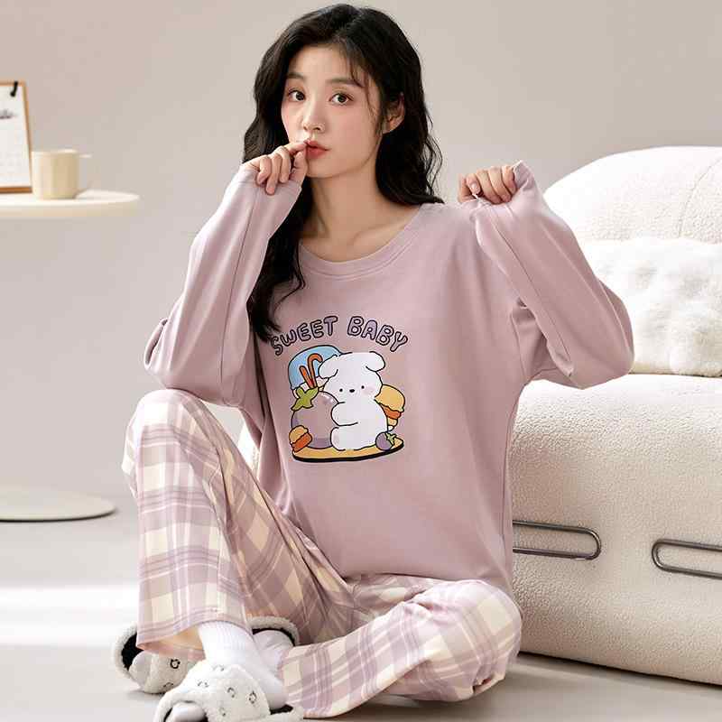パジャマ レディース 春秋 長袖 長ズボン ルームウェア 上下セット バストパッド付き 部屋着 寝間着 丸首 ポリエステル かわいい リラックス ゆったり