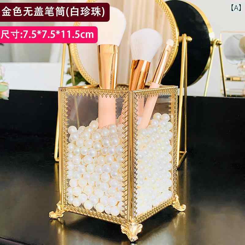 メイクブラシケース レディース 卓上収納ボックス ふた付き ガラス製 透明 コスメ収納 無地 ゴールドカ..