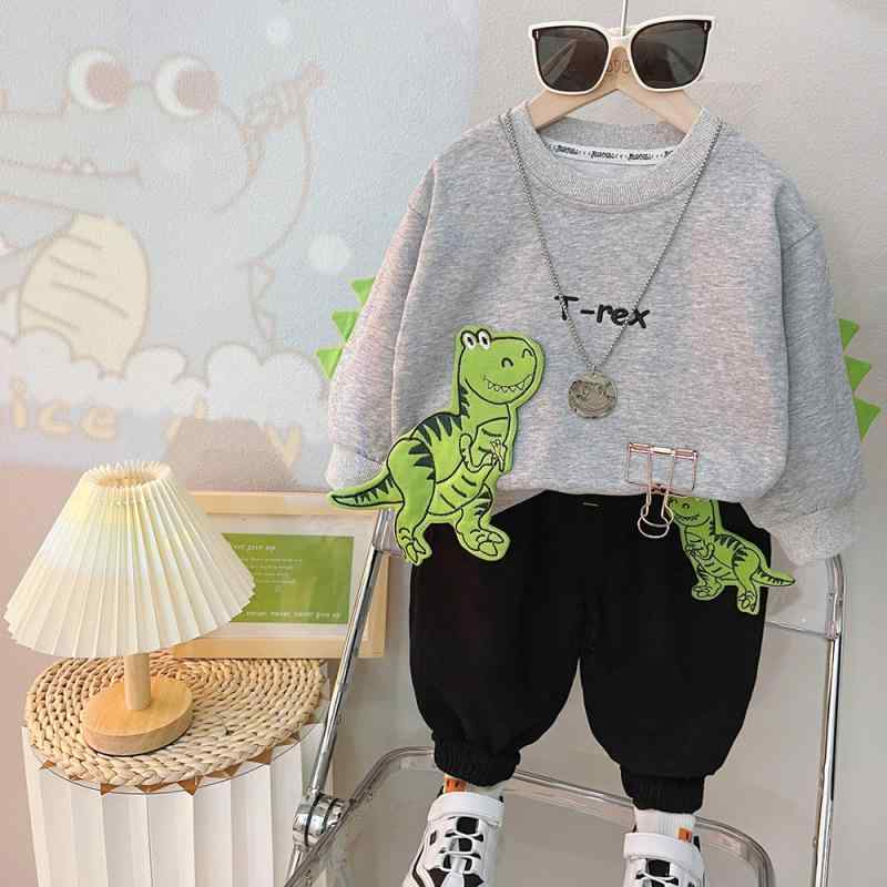 シャドーテールのキッズ ボーイズ 秋物 長袖 スウェット 上下セット 幼児 子供服 小恐竜 コットン 春秋 かわいい 普段着 部屋着 グレー ブラック アイボリー｜アングル2